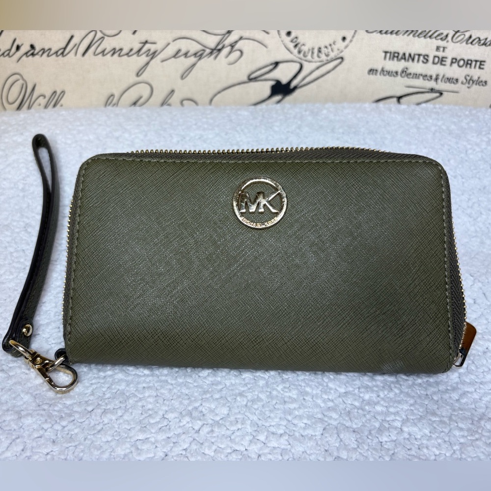 Michael Kors Olive Green Wristlet with Gold Accents